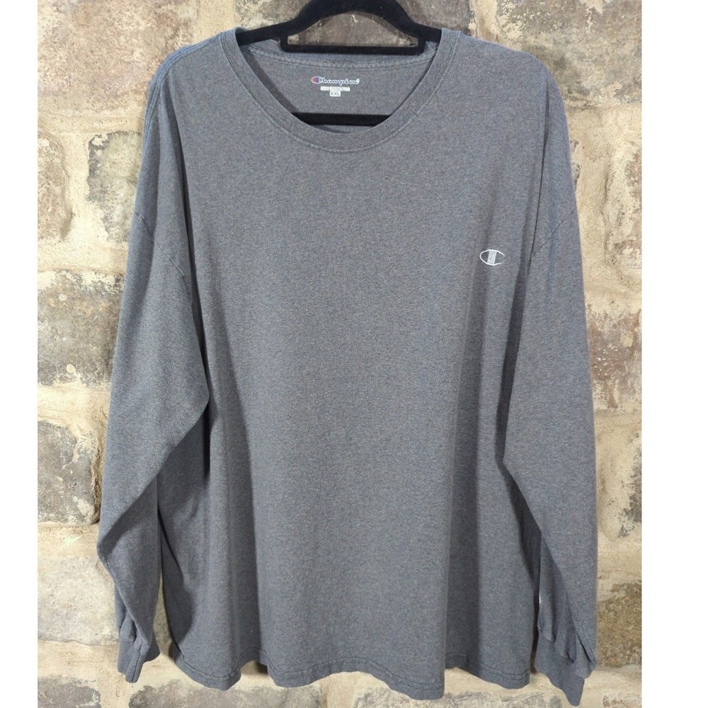 Champion Gray Long Sleeve T Shirt Men's XXL Crew‎ Neck Embroidered Logo